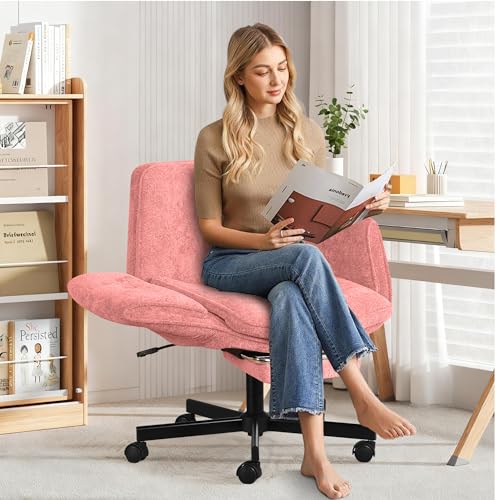 Criss Cross Chair with Footrest & 5 Level Folding Arms Full Relaxation, Wide Cross Legged Office Chair for Home Office, Comfy Swivel Desk Chair with Ottoman, Chenille Vanity Chair (Pink) - color: Pink, style: With Footrest