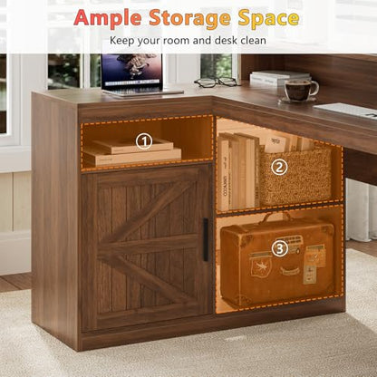 TVU Farmhouse L Shaped Desk with Drawers, 62.2" Home Office Desk with Storage Shelves and Power Outlet, L Shaped Computer Desk with Monitor Stand and Printer Shelf, Brown - color: Brown