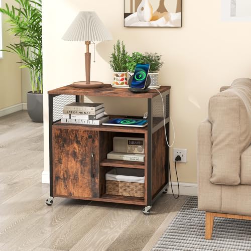 Rolling File Cabinet, Printer Stand with Charging Station (Brown) | Mobile Lateral Filing Cabinet | Adjustable Shelf & Metal Frame | Lockable Wheels | For Home Office & Small Space - color: Brown