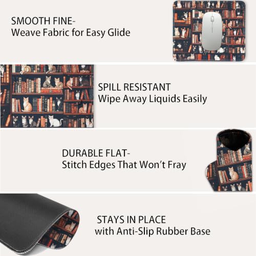 Mouse Pad for Desk with Stitched Edge, Premium Cute Washable Mouse Pads. Computer Mousepad with Non-Slip Rubber Base, Mousepads for Laptop, 9.25x7.75x0.12 inch (Cat Library) - color: Cat Library