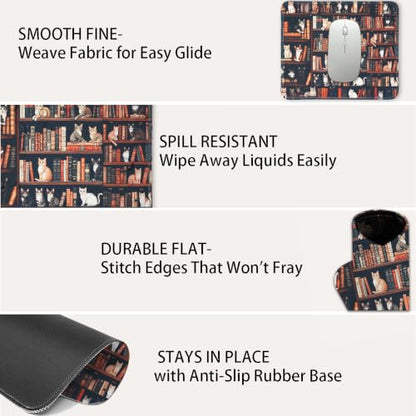 Mouse Pad for Desk with Stitched Edge, Premium Cute Washable Mouse Pads. Computer Mousepad with Non-Slip Rubber Base, Mousepads for Laptop, 9.25x7.75x0.12 inch (Cat Library) - color: Cat Library