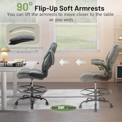 500LBS Drafting Chair, High Back Safer Standing Desk Chair, Executive Tall Office Chair with Flip-up Armrests, Upholstered Fabric Task Chair,Ergonomic Seat with Adjustable Height&Foot Ring,Light Gray - color: Light Gray