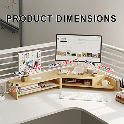 ROYUMI Double Layer Wooden Corner Monitor Stand, Monitor Riser for L Shaped Desk, Corner Laptop Stand with Slots, Space Saving Corner Desk Riser