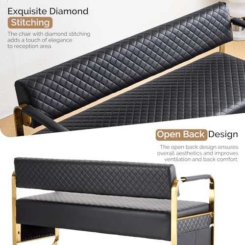 OmySalon Waiting Room Chairs with Arms, 57.5’’ Office Guest Chair upholstered Bench Seating, Reception Furniture for Beauty Salon Barbershop Airport Bank Hall Room Conference, Black&Gold