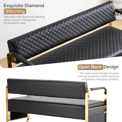 OmySalon Waiting Room Chairs with Arms, 57.5’’ Office Guest Chair upholstered Bench Seating, Reception Furniture for Beauty Salon Barbershop Airport Bank Hall Room Conference, Black&Gold