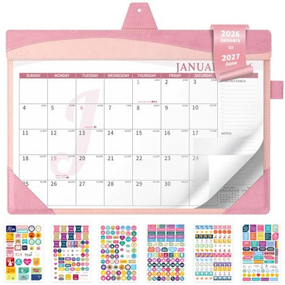 Ospelelf Desk Calendar 2026-2027 with Storage Pocket Protective Cover Large 12"x17" Leather Monthly Wall Planner Pad 18 Months January 2026 - June 2027 Pink - color: Pink, size: 12" X 17" (Jan.2026 - June.2027)