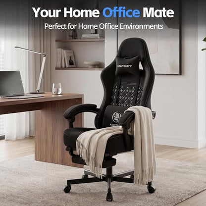 Desk Computer Gaming Chair - Ergonomic Game Office Chair with Extended Footrest and Massage Lumbar Support, Home Gamer Video Game Chairs with Spring Cushion for Adults (Pro Black Fabric) - color: Pro Black Fabric