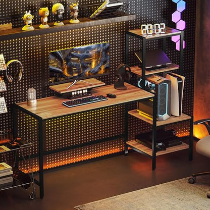 HOMCOM 67" Gaming Desk Reversible Computer Desk for Home Office Brown | Monitor Stand, 4-Tier Storage Shelves