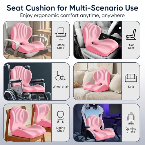 Ergonomic Lumbar & Seat Support Cushion | 2-in-1 Memory Foam Cushion with Coccyx Hollow Design for Office Chair, Car Seat, Home Use - Relieves Back & Hip Pain (Pink) - color: Pink