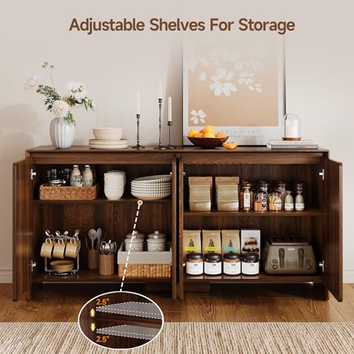 63" Sideboard Buffet Cabinet with Storage, Buffet Sideboard Cabinet with 4 Doors & Adjustable Shelves, Modern Coffee Bar Console Table for Living Room, Kitchen, Entryway - color: Walnut
