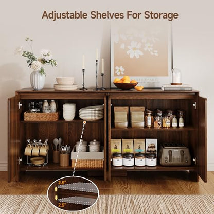 63" Sideboard Buffet Cabinet with Storage, Buffet Sideboard Cabinet with 4 Doors & Adjustable Shelves, Modern Coffee Bar Console Table for Living Room, Kitchen, Entryway - color: Walnut