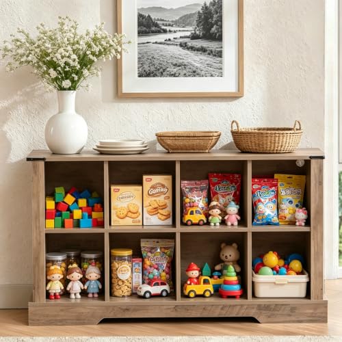 8 Cube Storage Organizer, Wood Cube Bookshelf with LED Lights, Horizontal Storage Cubes, Kids Bookshelf, Display Cabinet Cubby Shelf for Living Room Home Office Bedroom，Grey - color: Grey, size: 8