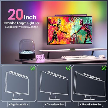 Quntis RGB Pro+ Monitor Light Bar with Remote, Flat Curved & Ultrawide Fits | 15 Modes Gaming Backlight, Ra95 Eye-Care No-Glare Front Light, 4 Colors & Brightness Dimmable, Home Office Gaming, 20" Gray - color: Gray