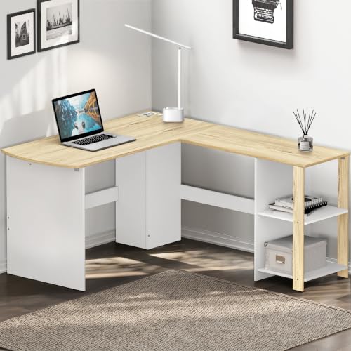 SHW 51 x 51 L-Shaped Home Office Wood Corner Desk with Storage, Oak - color: Oak