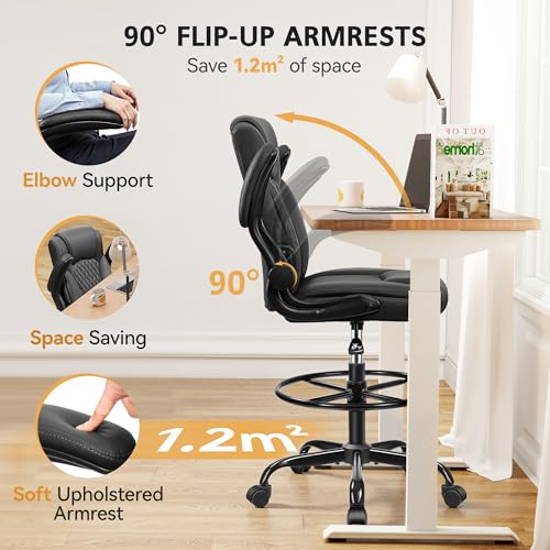 Drafting Chair, Tall Office Chair for Standing Desk, High Executive Leather Ergonomic Computer Chair with Adjustable Height and Flip-Up Armrest for Counter Height Desk, Black, Pack of 1 - color: Black