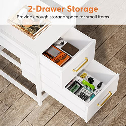 Tribesigns 55 Inch Computer Desk with 2 Drawers and Storage Shelves, Rustic Office Desk with Hutch, Study Writing Gaming Table Laptop Workstation for Home Office (White) - color: White