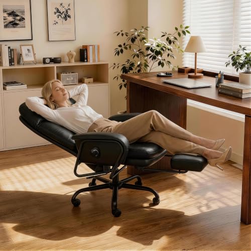 180° Reclining Office Chair with Footrest, PU Leather Desk Chair with 4-Position Backrest and Thick Cushion, Executive Computer Chair for Home Office, Work and Study,Black - color: Black