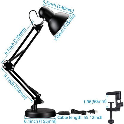 Adjustable Clamp Desk Lamp 24" Height, Swing Arm Architect Metal Table Lamp, Gooseneck and 360° Rotating Shade, E26 Base (Bulb NOT Included) Black Clip-On Light for Office, Study, Reading, Crafting