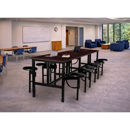 Romig Endure Standing Height Collaborative Table and Chair Set with 12 Pull-Out Swivel Stools, Walnut Top, Built-in Power Outlets and USB Charging, Classroom Training Table - color: Walnut, size: 12 Seater