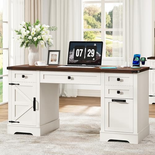 Squireewo 58'' Farmhouse Home Office Desk with Drawers, Wooden Executive Desk with Charging Station, File Drawers and Storage Cabinet, Computer Desk for Work, Study and Writing, Rustic White - color: Rustic White, size: Straight Desk