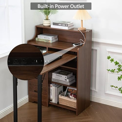 Fold Out Desk with Storage, Hidden Desk with Lockable Drawers & Shelves, Built-in Power Outlet,Folding Desk for Study and Home Office (Walnut) - color: Walnut