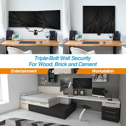 AVLT Dual Monitor Arm Wall Mount for 13-32" Screens, Full Motion - Silver | Supports flat/curved screens up to 17.6 lbs each. Smooth gas spring, VESA 75x75/100x100 and clean cable routing - color: Dual Extended