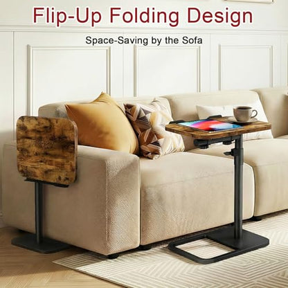 Tv Tray Table Adjustable Height Couch Side Table, Tilt Angle Adjustments-360° Swivel/180° Flip-Over Panel C-Shaped End Table With Tablet Slot, Computer Desk for Chair, Living Room (Rustic Brown) - color: Rustic Brown, style: Angle Tilt