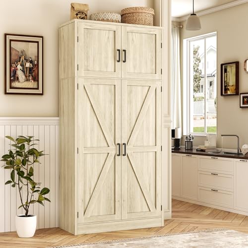Unikito 71” Tall Pantry Storage Cabinet with Adjustable Shelves, Wash Gray | Large Farmhouse Kitchen Cabinet, Barn Doors, Sturdy and Deep, Versatile for Dinning Room, Living Room, Bathroom, Office - color: Wash Gray, size: 31.5 Inch