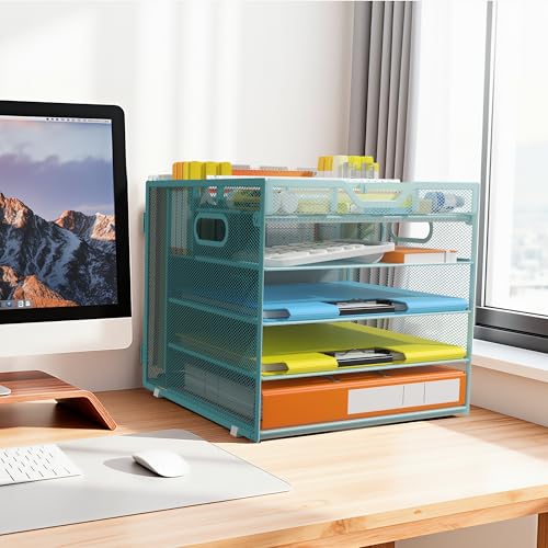 Docnest 5 Tier Desk Organizer with Hanging File Folder Holder&Tray, Blue - color: Blue, size: 12.6"x11.8"x10.3"