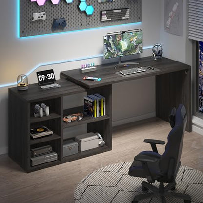 HSH L Shaped Computer Desk, Rustic Wood Corner Desk, Dark Gray Oak, 55 inch - color: Dark Gray Oak