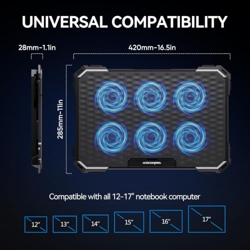 Laptop Cooling Pad with 6 Cooling Fans, Cooling Pad for Laptop Fan 13-15.6 Inch, Laptop Cooler Stand with 6 Height Adjustable, Notebook Cooler Pad with Two USB Port - size: 6 Fans