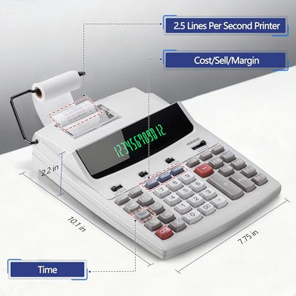 VUSIGN 12-Digit Desktop Printing Calculator with Tape Print Out, Adding Machine with Fluorescent Display, 10 Key Calculator with Clock and Calendar, Accounting Business Finance