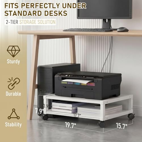 Zonon 2 Tier Printer Stand Under Desk with Wheels, Open Shelf, White - color: White