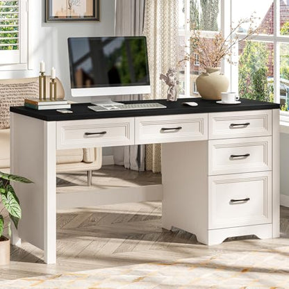 Vabches 55″ Farmhouse Desk with 5 Storage Drawers, Black | Large Home Office Computer Desk with Adjustable File Drawer, Executive Workstation with Storage for Study Writing Work