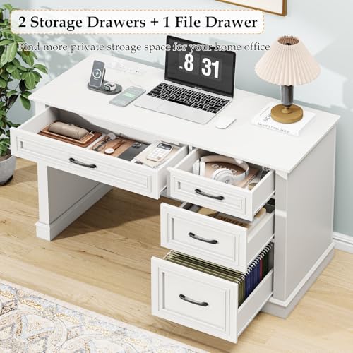Vabches Farmhouse 47" Workstation Computer Desk with Drawers, Pure White | Executive Desk with File Drawer and Charging Station for Home Office,Study. - color: Pure White