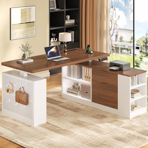 UPOSOJA L Shaped Standing Desk Adjustable Height, 53" Electric Office Desk with File Drawers & Storage Shelves, Sit Stand Corner Computer Desk with Power Outlets, Pegboard, 6 Hooks, White& Walnut - color: White, size: L Shaped