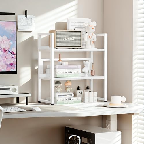 Brakki Desk Shelf Organizer, 2-Tier Desktop Bookshelf, Small Office Shelf | Adjustable Shelf, Metal Desktop Rack for Dorm, with Foot Mat, Multi-Functional Organization, White - color: White