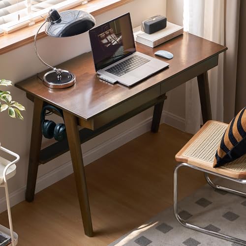 Walnut Color Home Office Desk, 100% Solid Rubber Wood Desk, Mid Century Modern Writing Computer Desk with Drawer for Sturdy Room, Bedroom 39.37" W - color: Walnut-rubberwood 1, size: 39"W