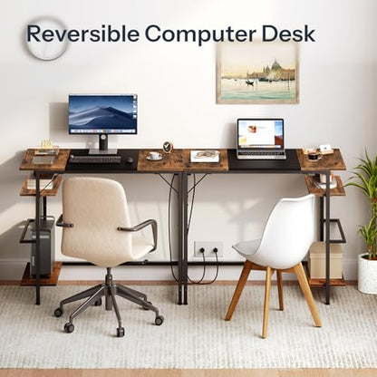 HOOBRO Small Computer Desk, 35.4 Inch Home Office Desk with Power Outlet, Writing Desk with 2 Shelves, Modern Small Desk for Home Office, Study, Easy to Assemble, Rustic Brown and Black BF43UDN01 - color: Rustic Brown + Black