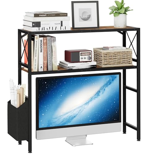 LAND·VOI Desk Shelf, 2 Tires Desktop Bookshelf, 31.9 Inchs Desk Hutch for Computer Monitor, Wood Desktop Display Rack, Adjustable Height Desk Organizer Shelf, for Home, Office, Dorm, Black EDS11BR01 - color: Brown