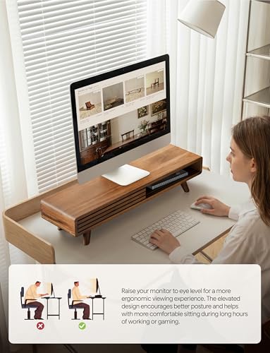 Tinamo 24" Wood Monitor Stand Riser with Sliding Door and Cable Management