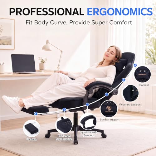 Desk Computer Gaming Chair - High Back Ergonomic Office Chair with Footrest and Lumbar Support, Swivel Comfy Home Gamer Video Game Chairs with Pocket Spring Cushion for Adults (Black Fabric) - color: Classic Black Fabric