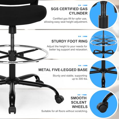 Drafting Chair, Ergonomic Tall Office Chair with Lumbar Support Standing Desk Stool with Flip-up Armrests Comfy High Office Desk Chair with Adjustable Foot Ring for Counter Height Desk, Black