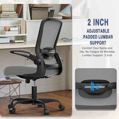 Mimoglad Ergonomic Office Chair - Desk Chair with Flip-up Armrests & 135° Recline, Adjustable Lumbar Support - Space-Saving Task Chair for Business/Team Office & Home - color: Graphite