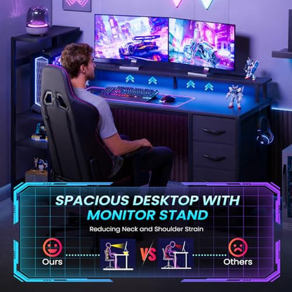 51in Gaming Computer Desk with Drawers & Power Outlet & LED Lights, Black - color: Black, size: 51''