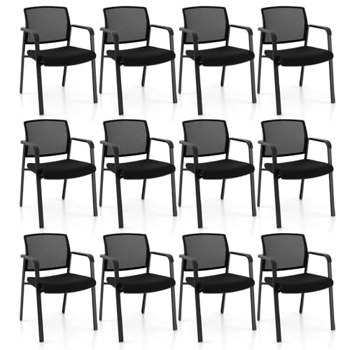 COSTWAY Stackable Office Guest Chairs Set of 12 with Armrests, No Wheels | Conference Room Chairs with Mesh Backrest and Upholstered Seat, Ergonomic Waiting Room Chairs for Office Home Reception Area - size: 12 Pack, style: No Wheels
