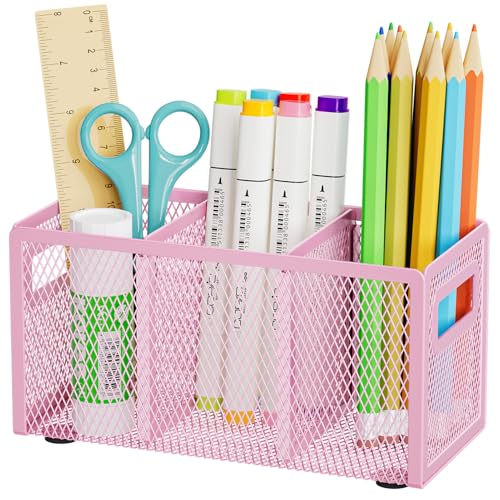 Marbrasse Mesh Pen Holder for Desk, Pencil Holder Desk Organizer 3 Adjustable Compartments, Pencil Cup with Handle Perfect for Classroom, Office, Home, Makeup, Art (Pink) - color: Pink