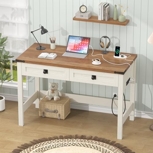 39 Inch Farmhouse Small Computer Desk with Drawers for Bedroom, Home Office - color: Antique White