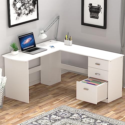 SHW L-Shaped Home Office Wood Corner Desk w/Box Box File Drawers, White - color: White
