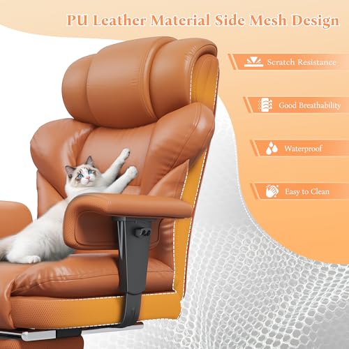 DurayLoly Big and Tall Office Chair with Footrest, 400 lbs Weight Capacity | 135° Rocking Motion, Ergonomic Lumbar Support, PU Leather for All-Day Home Office Comfort, Brown - color: Brown